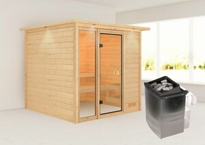 Karibu Sauna "Aachen" mit Kranz SET naturbelassen mit Ofen 9 kW integr. Strg.
