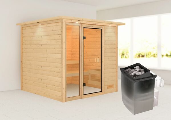 Bild 1 von Karibu Sauna "Aachen" mit Kranz SET naturbelassen mit Ofen 9 kW integr. Strg.