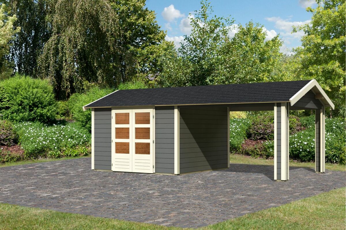 Bild 1 von Karibu Gartenhaus "Gartenhaus Verino Z" SET terragrau mit Dachausbau, Schindeln, Boden, Dachrinne