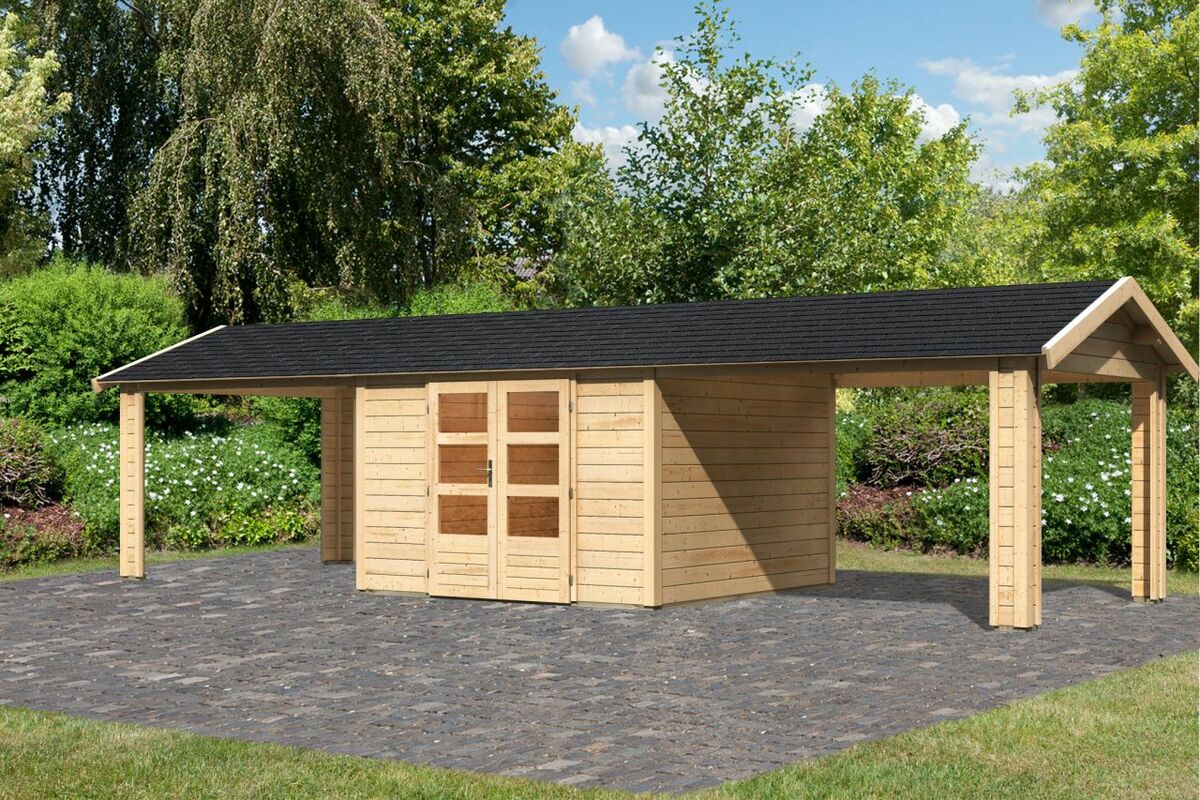 Bild 1 von Karibu Gartenhaus "Gartenhaus Verino Z" SET naturbelassen mit 2x Dachausbau, Schindeln, Boden, Dachr