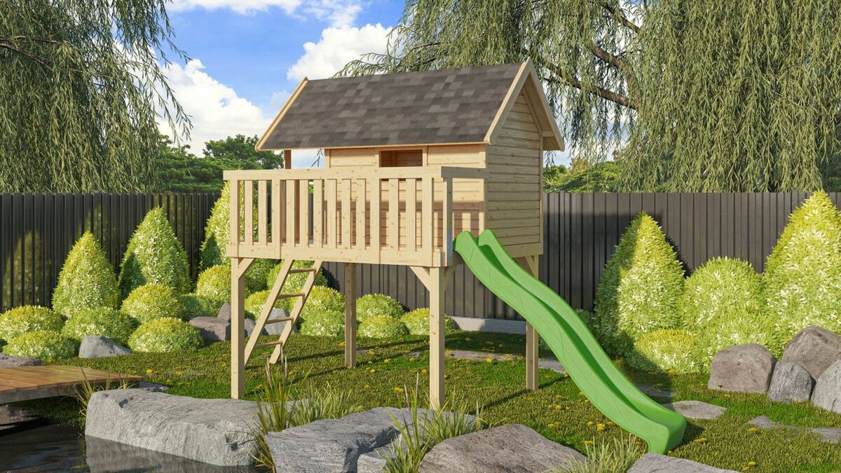 Bild 1 von Karibu Stelzenhaus "Fidel" SET naturbelassen mit Wellenrutsche 3m grün