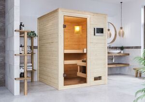Karibu Sauna "Worpswede" SET naturbelassen mit Ofen 3,6 kW ext. Strg.