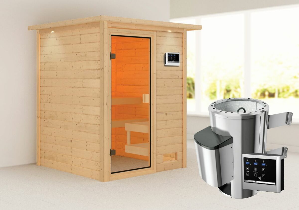 Bild 1 von Karibu Sauna "Worpswede" mit Kranz SET naturbelassen mit Ofen 3,6 kW ext. Strg.