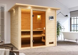 Karibu Sauna "Aachen" mit Kranz SET naturbelassen mit Ofen 9 kW Bio ext. Strg.