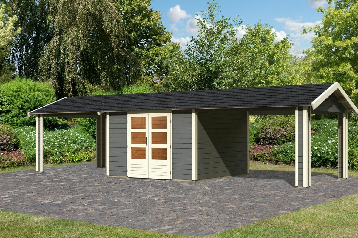 Bild 1 von Karibu Gartenhaus "Gartenhaus Verino Z" SET terragrau mit 2x Dachausbau, Schindeln, Boden, Dachrinne