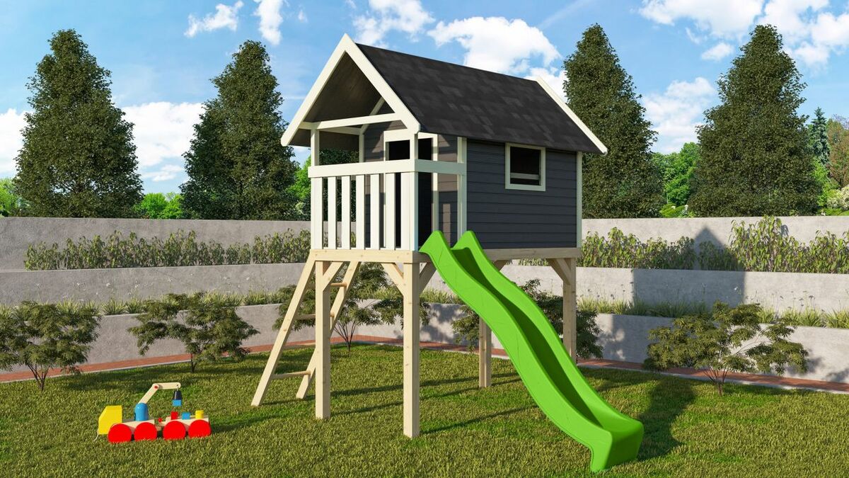 Bild 1 von Karibu Stelzenhaus "Gernegroß" SET AKTION2 terragrau mit Rutsche grün