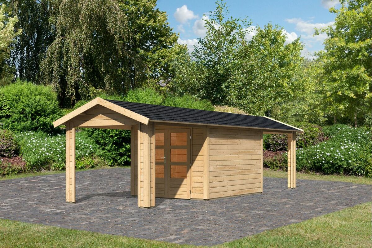 Bild 1 von Karibu Gartenhaus "Gartenhaus Verino Y" SET naturbelassen mit 2x Dachausbau, Schindeln, Boden, Dachr