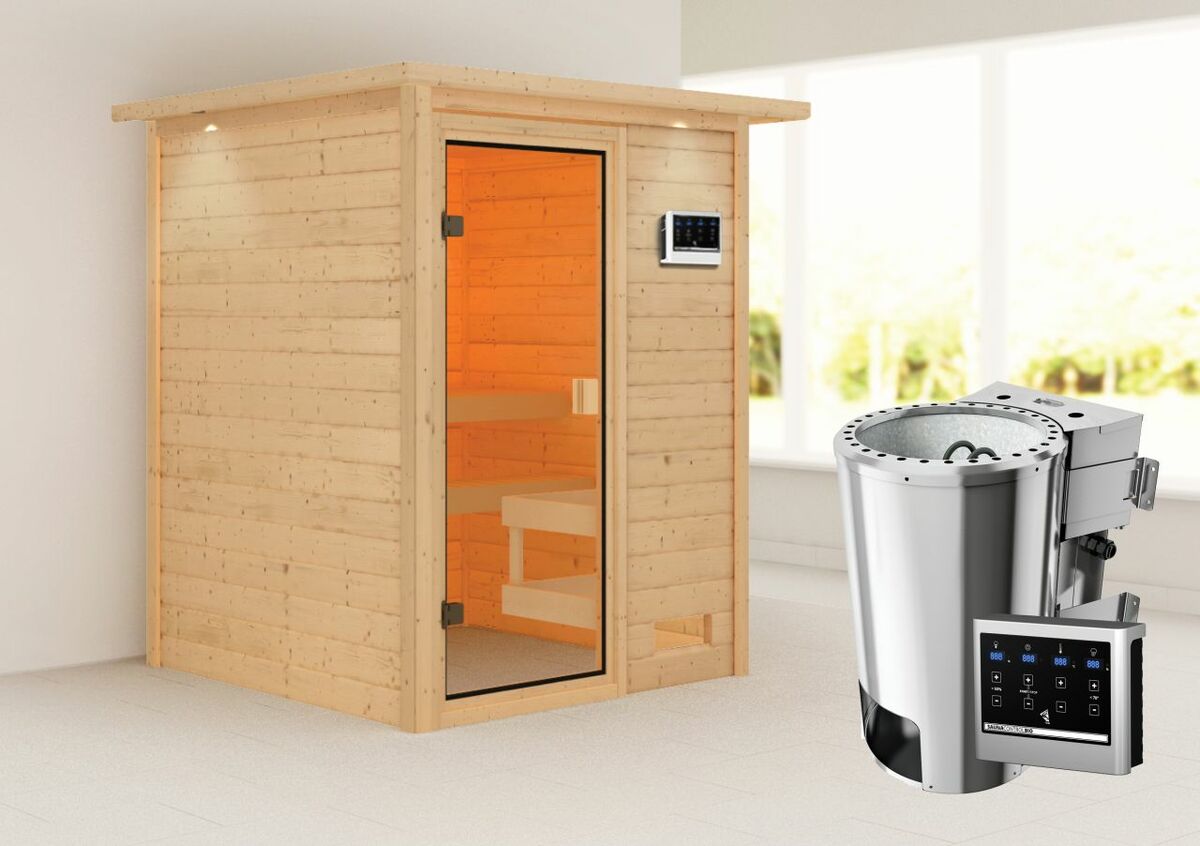 Bild 1 von Karibu Sauna "Worpswede" mit Kranz SET naturbelassen mit Ofen 3,6 kW Bio ext. Strg.
