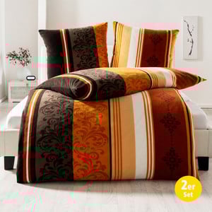 Dreamtex Teddy Plüsch Bettwäsche, 80x80 + 135x200 cm, Ornament Streifen Rost-Gold, 2er Set