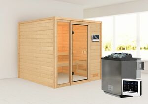 Karibu Sauna "Aachen" SET naturbelassen mit Ofen 9 kW Bio ext. Strg. Strg.