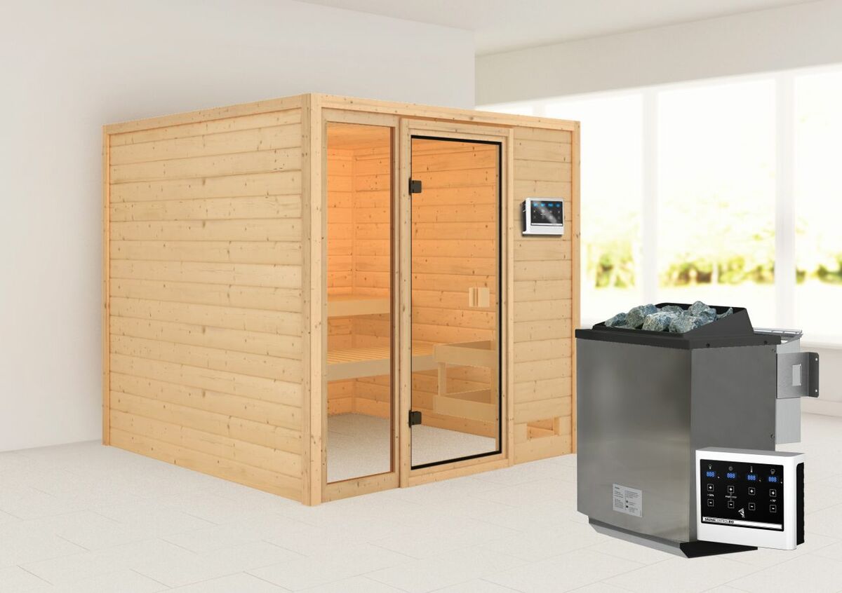 Bild 1 von Karibu Sauna "Aachen" SET naturbelassen mit Ofen 9 kW Bio ext. Strg. Strg.