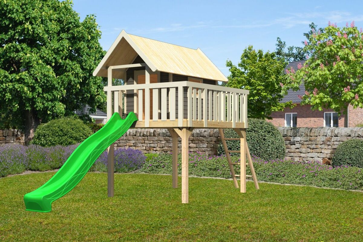 Bild 1 von Karibu Stelzenhaus "Fidel" SET terragrau mit Wellenrutsche 3m grün
