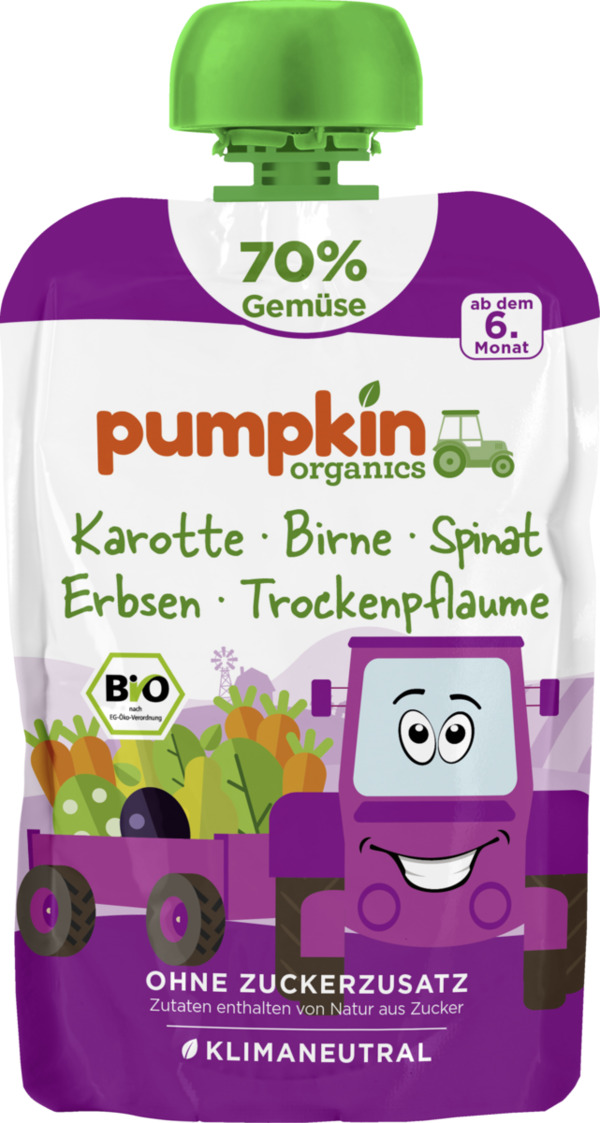 Bild 1 von Pumpkin Organics Bio Freude aus Karotte, Spinat, Erbsen mit Birne und Trockenpflaume