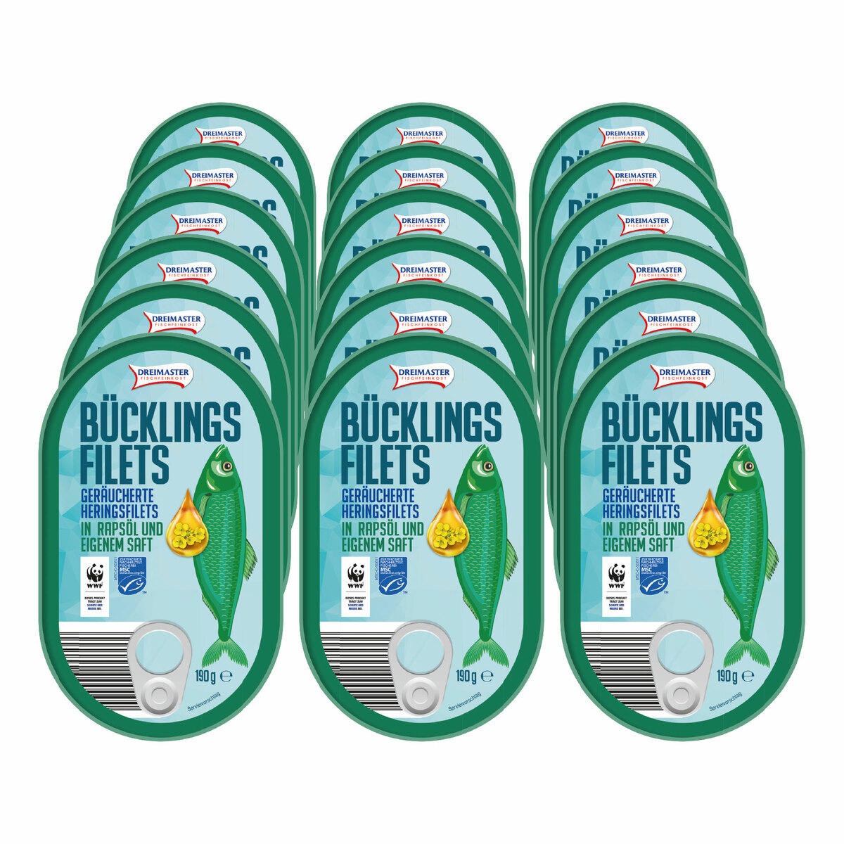 Bild 1 von Dreimaster Bücklingsfilet in Rapsöl und eigenem Saft 190 g Abtropfgewicht, 18er Pack