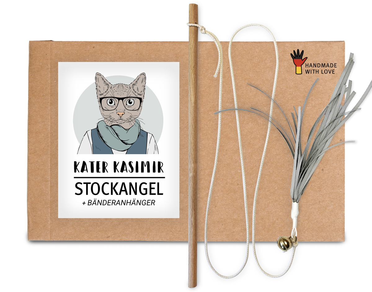 Bild 1 von Kater Kasimir Premium Katzenangel aus Buchenholz mit Anhänger aus lustigen Bändern