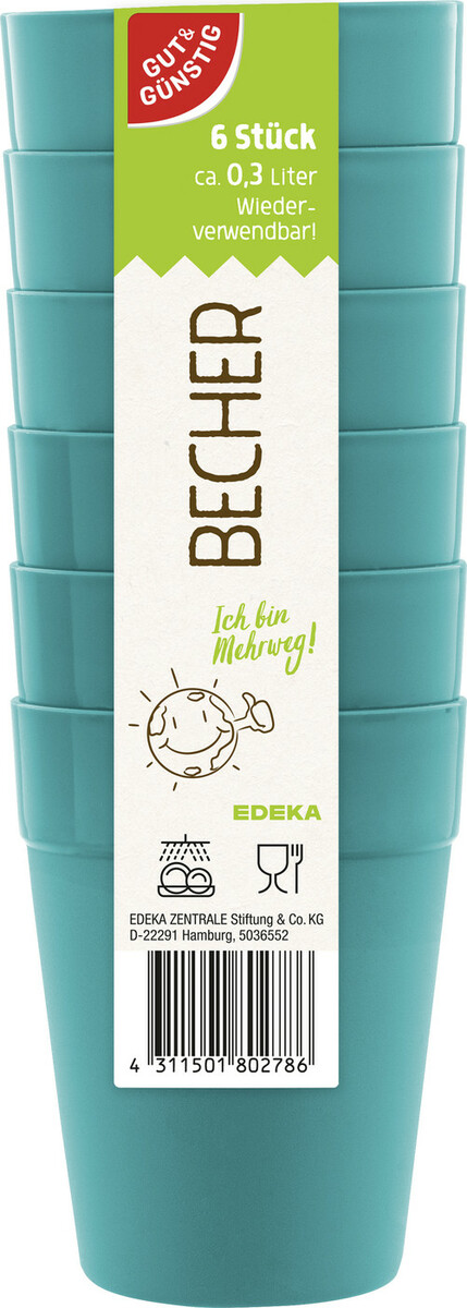 Bild 1 von EDEKA Becher Mehrweg farbig 6ST
