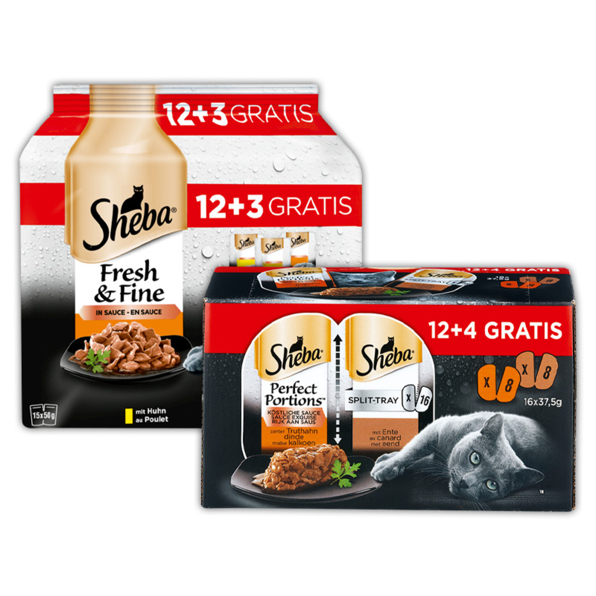 Bild 1 von Sheba Perfect Portions Split-Tray Sauce mit Truthahn und mit Ente 12 + 4 Gratis, 600g