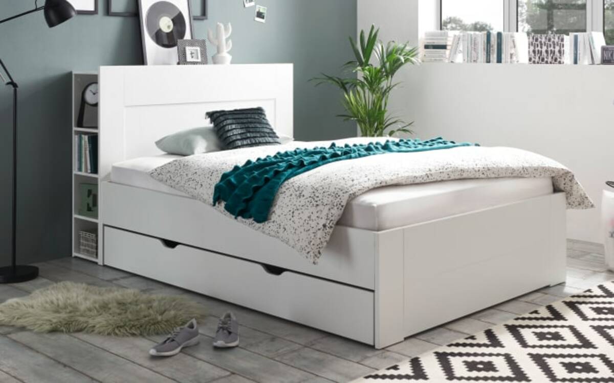 Bild 1 von Stauraumbett Jaris, weiß, 140 x 200 cm, mit Regalelement und Bettschubkasten