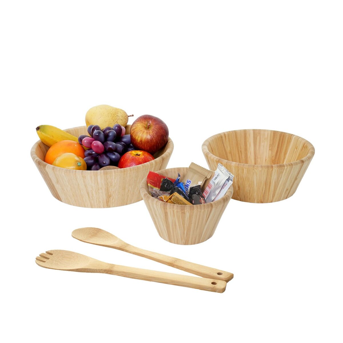 Bild 1 von 3er Set Schüssel + Salatbesteck MCW-B98, Servierschüssel Dekoschale stapelbar Servierbesteck Küchenzubehör, Bambus