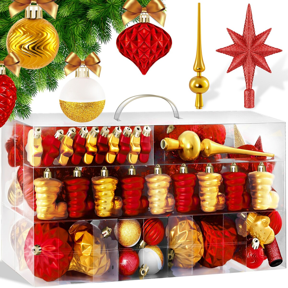 Bild 1 von KESSER® Weihnachtskugeln 101-teiliges Set mit Baumspitze Christbaumkugeln Kunststoff Bruchsicher mit Plastik Weihnachtsbaumkugeln Box Weihnachtsbaum Weihnachtsdeko Deko & Christbaumschmuck