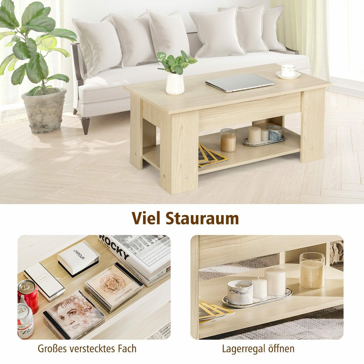 Bild 4 von COSTWAY Couchtisch, höhenverstellbar, mit Ablagefach, Holz, 95x50x42cm