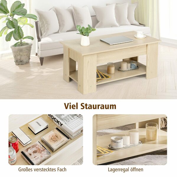 Bild 4 von COSTWAY Couchtisch, höhenverstellbar, mit Ablagefach, Holz, 95x50x42cm