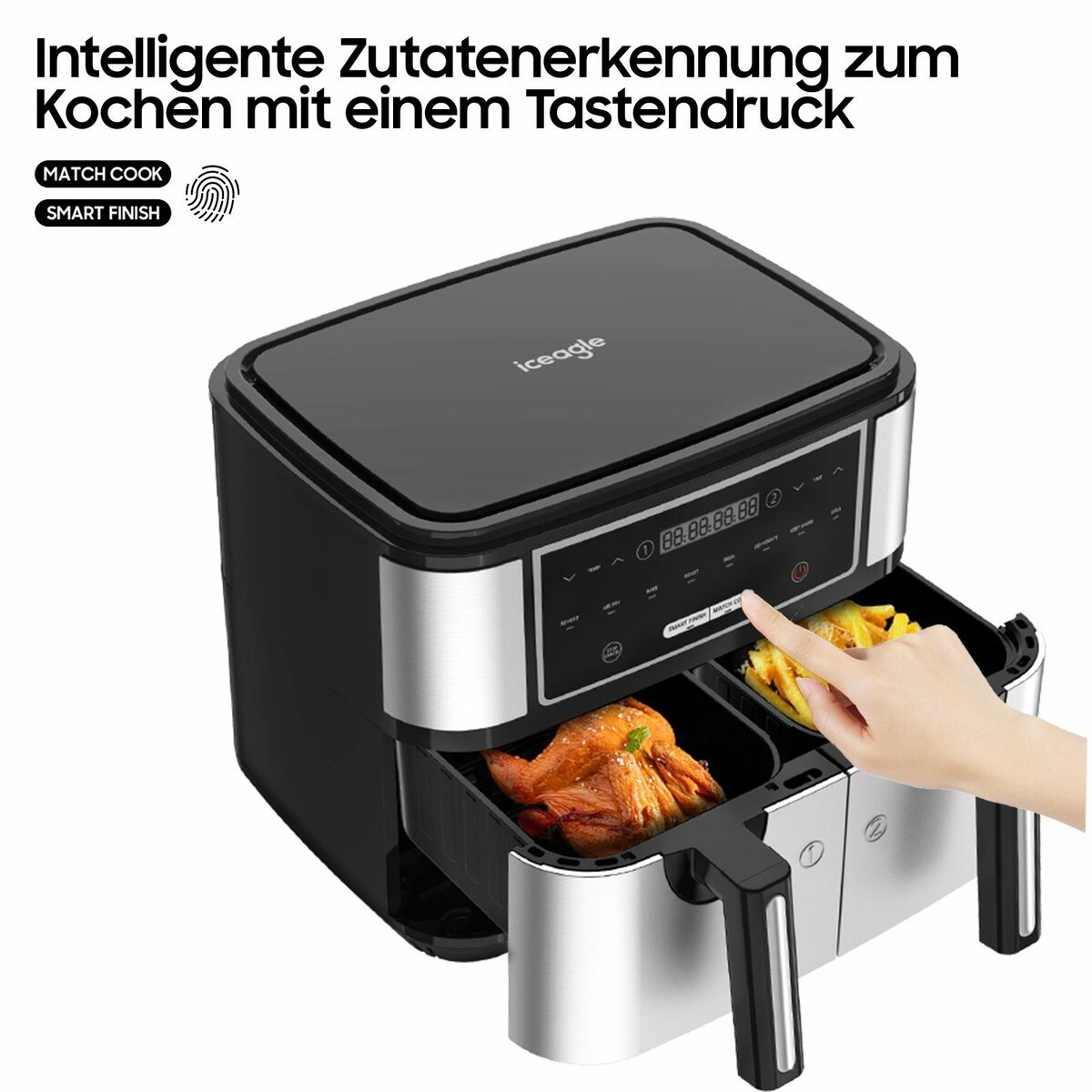 Bild 4 von iceagle Heißluftfritteuse Heißluftfritteuse KDF-5515DT, 9L Ohne Öl Air Fryer Heizluft Fritteuse, 2600,00 W, 8 Programme, Luftfritteuse mit Doppelkammer, Einstellbare Temperatur