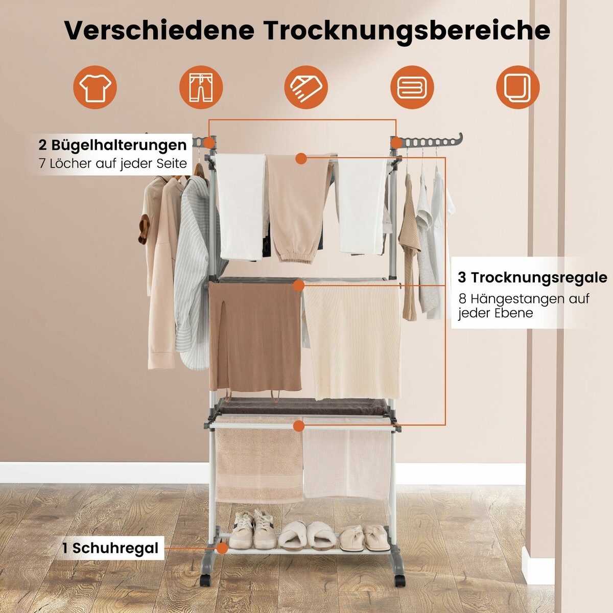 Bild 3 von COSTWAY Turmwäscheständer, klappbar, platzsparend, mit Rollen, ausziehbar, 127cm