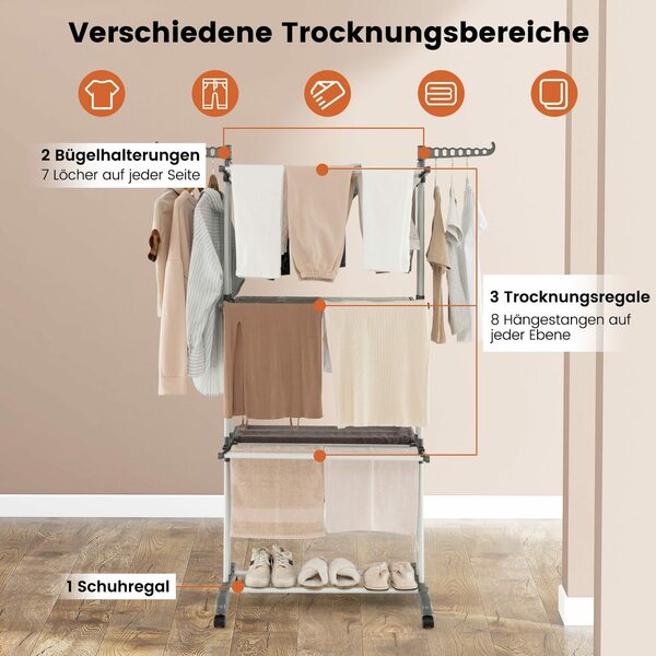 Bild 3 von COSTWAY Turmwäscheständer, klappbar, platzsparend, mit Rollen, ausziehbar, 127cm