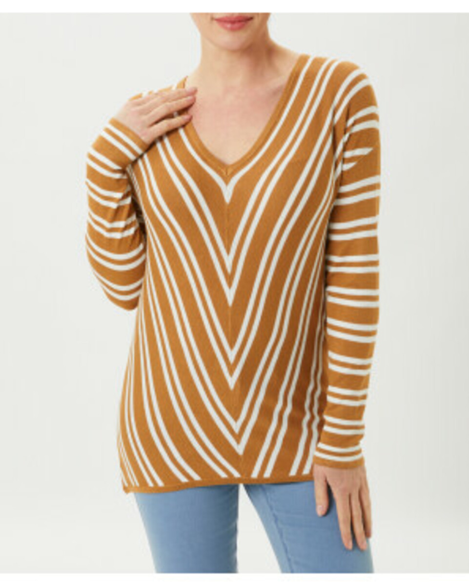 Bild 1 von Feinstrickpullover
       
      Janina V-Ausschnitt
   
      braun/weiß