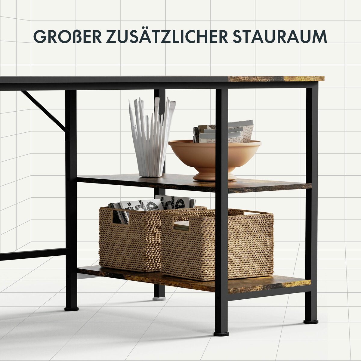 Bild 4 von FLEXISPOT Schreibtisch Basic F4 (Home Office PC-Tisch), 2 Tier Lagerregalen, Schreibtisch mit Bücherregal