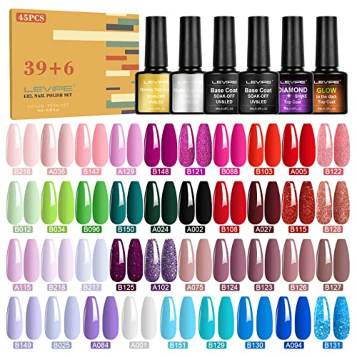 Bild 1 von LEVIPE UV Nagellack Set, 45 Stück Gel Nagellack mit Unterlack,Glänzender & Matte Überlack, Diamant & FluoreszenzÜberlack，Gellack Shellac Nagellack UV Gel Set für Nagel Design