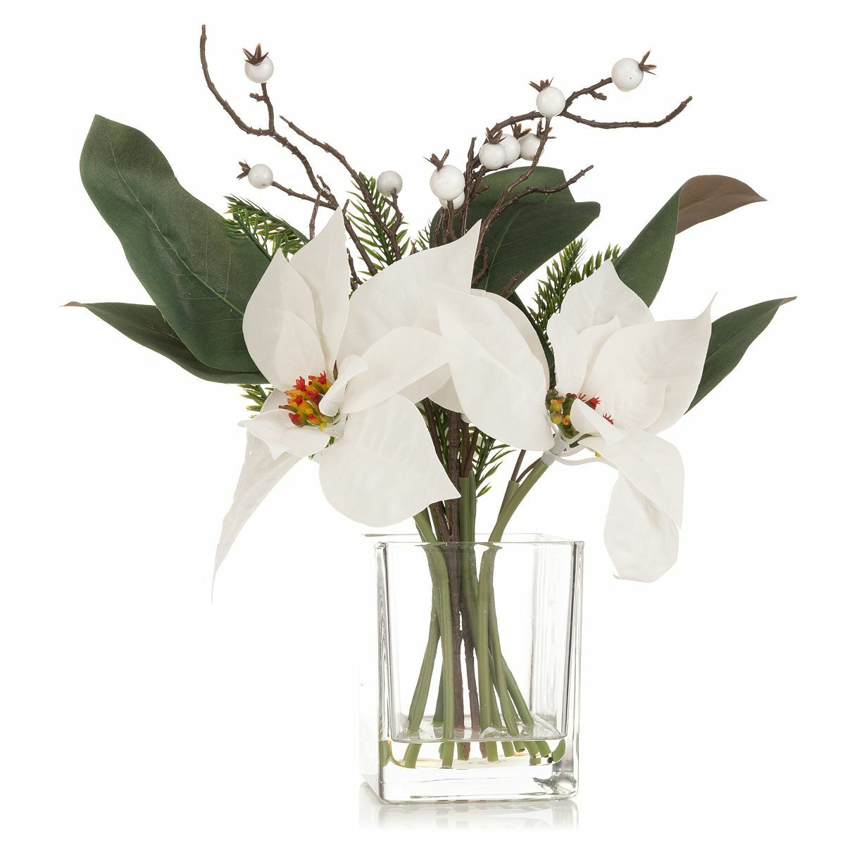 Bild 1 von ABELLA Flora künstliches Gesteck Weihnachtsstern weiß Glasvase Höhe 40cm