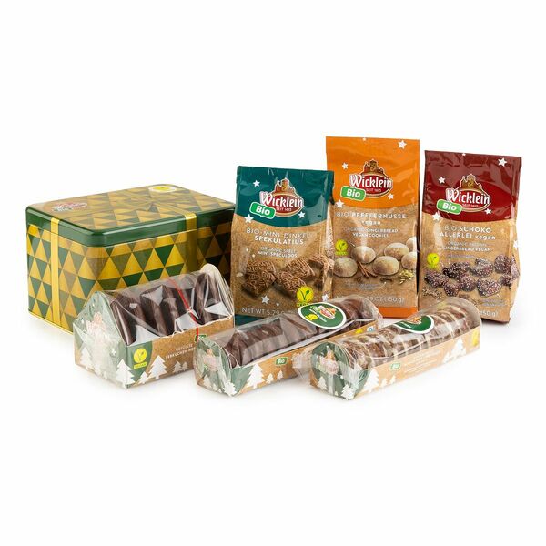 Bild 1 von WICKLEIN Lebkuchen Vielfalt in Geschenkdose 6 Sorten, bio, vegan Inhalt 990g