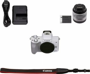 Canon EOS M50 Mark II Systemkamera (EF-M 15-45mm f/3,5-6,3 IS STM, Silber, 24,1 MP, Bluetooth, NFC, WLAN (WiFi)