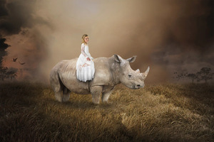 Papermoon Fototapete "Surreales Mädchen, das Nashorn reitet"