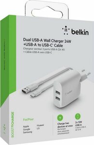 Belkin Dual USB-A Ladegerät incl. USB-C Kabel 1m, 24W USB-Ladegerät