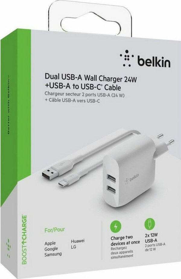 Bild 1 von Belkin Dual USB-A Ladegerät incl. USB-C Kabel 1m, 24W USB-Ladegerät