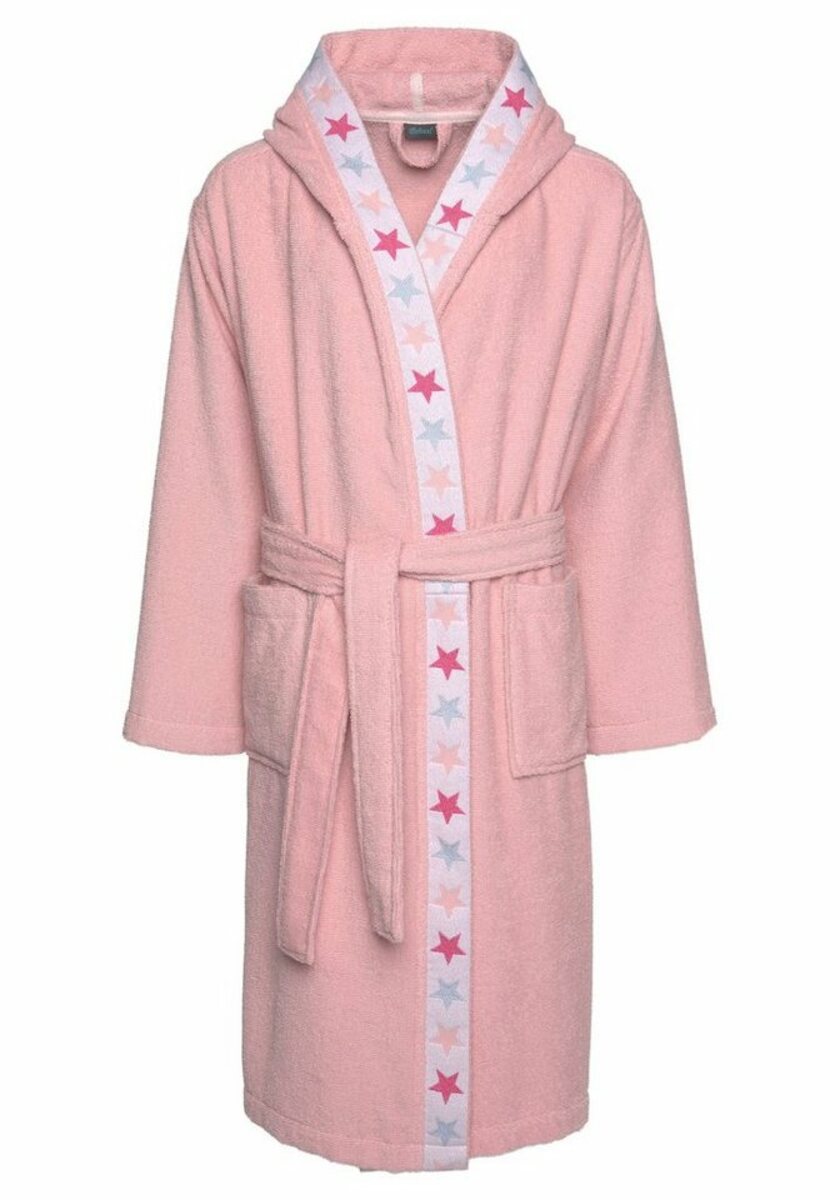 Bild 1 von Lüttenhütt Kinderbademantel Tilly, Langform, Leichtfrottee, Kapuze, Gürtel, für Mädchen & Jungen, Kinder, Sterne auf Bordüre, 100% Baumwolle