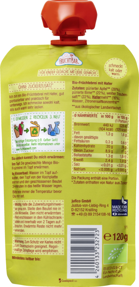 Bild 2 von FruchtBar Bio Früchte Haferbrei Apfel, Birne, Traube