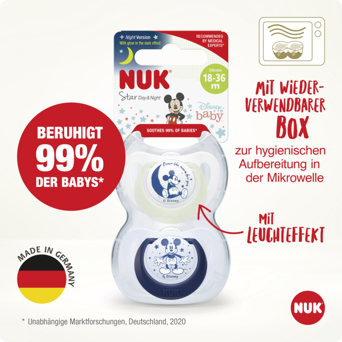 Bild 4 von NUK Disney Mickey Mouse Star Day & Night Silikon-Schnuller, 18-36 Monate