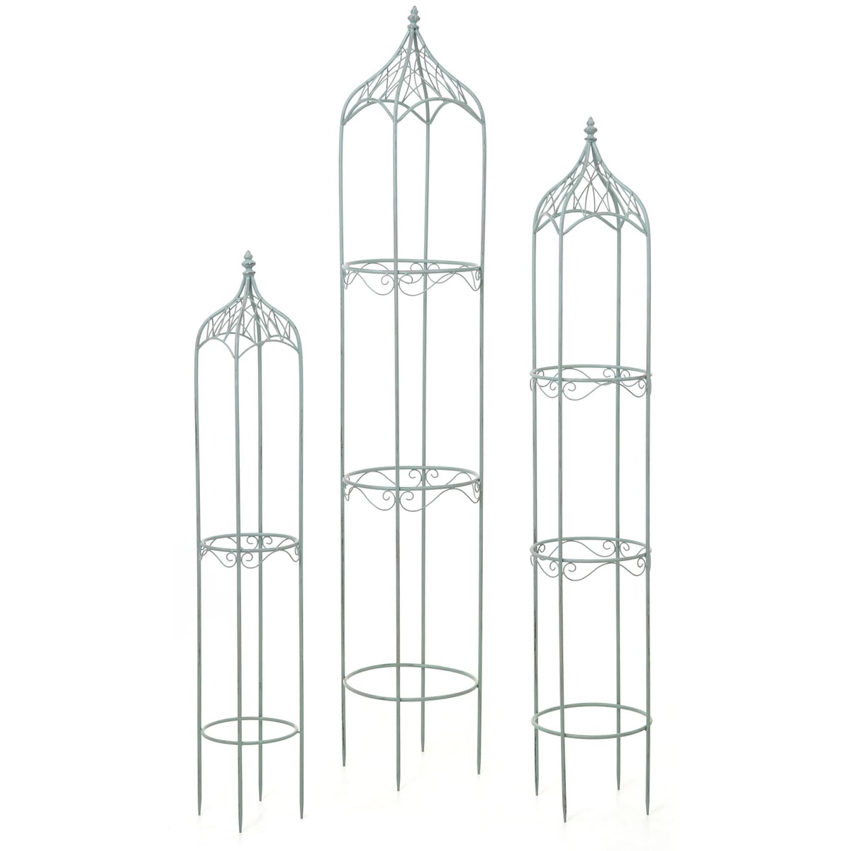 Bild 1 von 3er Set Rankhilfe MCW-H90, Rankgitter Rosensäule Staudenstütze, Metall Höhe 162/140/114cm rund antik-grün