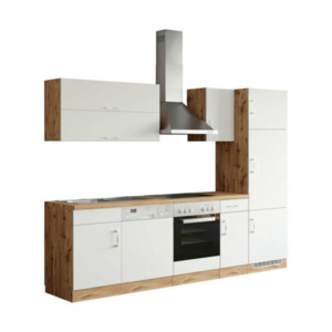Porto Küchenzeile, 270 cm, Weiß/Wotan – Energieeffizienzklasse F