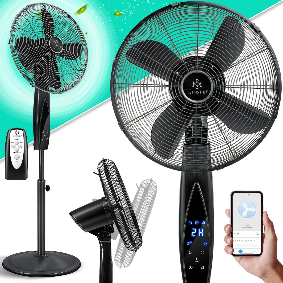 Bild 1 von KESSER® Standventilator Metall mit Fernbedienung APP Funktion Wifi Timer Standlüfter - Oszillationsfunktion 80 Grad 55W – 3 Geschwindigkeitsstufen höhenverstellbarer Ventilator Standfuß