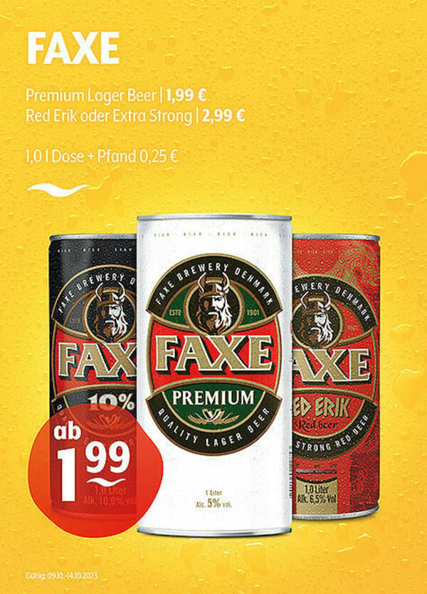 Bild 1 von FAXE Premium Lager Beer | 1,99 €
Red Erik oder Extra Strong | 2,99 €