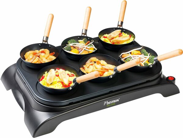 Bild 1 von bestron Raclette AWS600, 6 Raclettepfännchen, 1000 W, Mini Wok Pfannen für 6 Personen, inkl. 6 Holzspatel & 1 Schöpflöffel