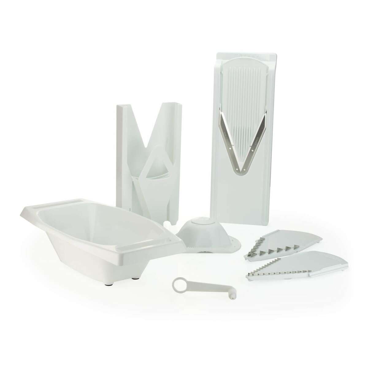 Bild 1 von Börner Mandoline V3 Spezial   7-teiliges Set   5 Schnittstärken   Als Pommes-Schneider geeignet   BPA-frei und rostfrei   Weiß