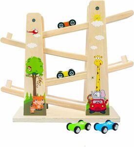 BeebeeRun Lernspielzeug Kugelbahn Holz (Premium Holzspielzeug mit 4 Autos, Autorennbahn Holz Spielzeug für Jungen Geschenke Geburtstagsgeschenke), Rennbahn Lernspielzeug Geschenk für Kinder ü