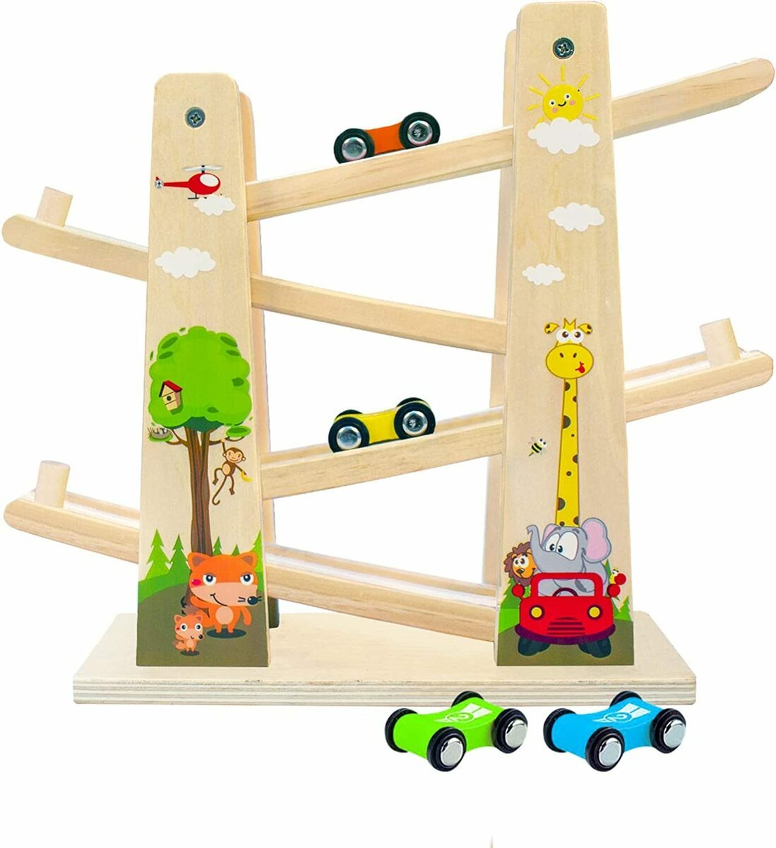 Bild 1 von BeebeeRun Lernspielzeug Kugelbahn Holz (Premium Holzspielzeug mit 4 Autos, Autorennbahn Holz Spielzeug für Jungen Geschenke Geburtstagsgeschenke), Rennbahn Lernspielzeug Geschenk für Kinder ü