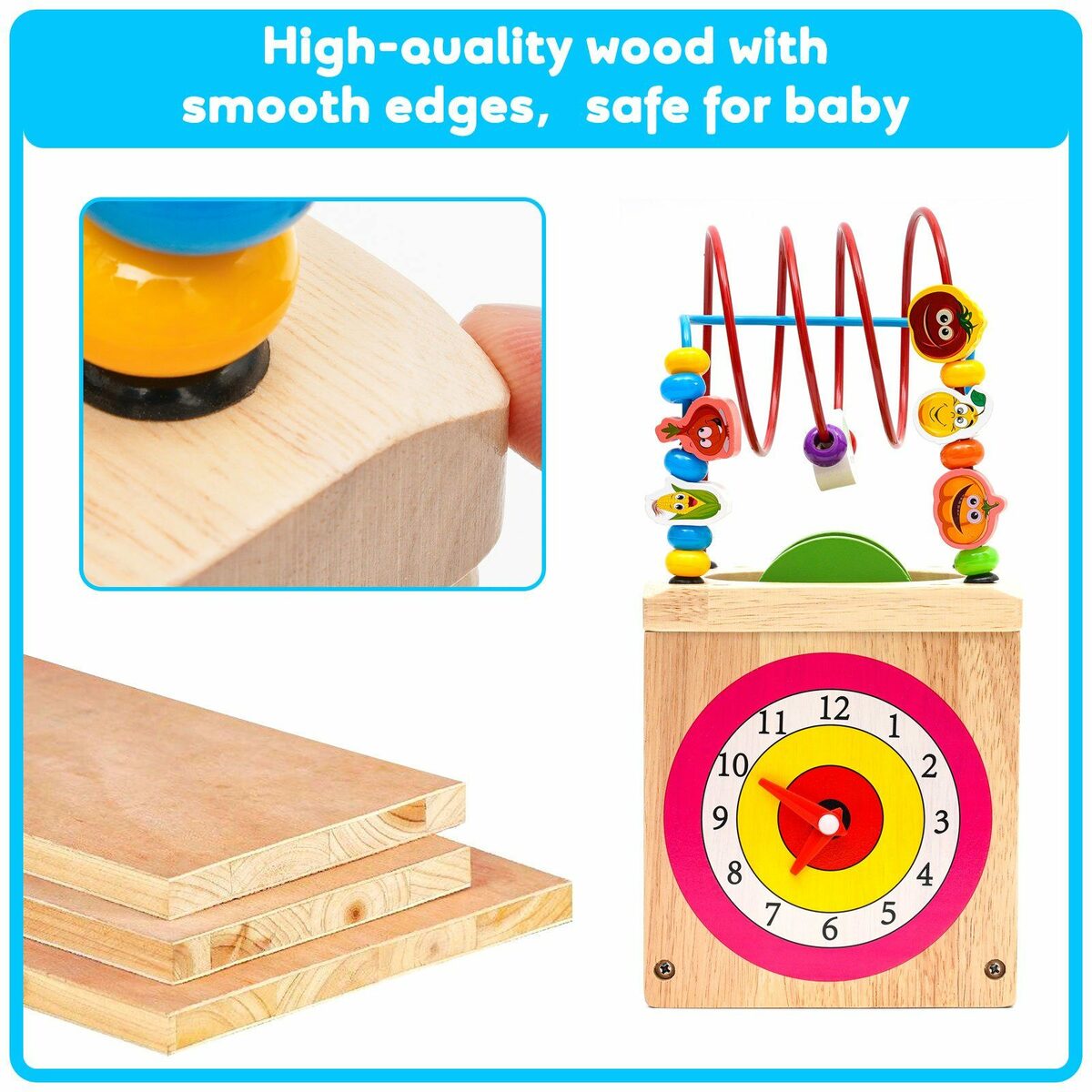 Bild 2 von BeebeeRun Lernspielzeug Baby Motorikschleife Holzspielzeug (Motorikwürfel 6 in 1), Spielecenter Aktivitätswürfel Holzspielzeug Perle Labyrinth Roller